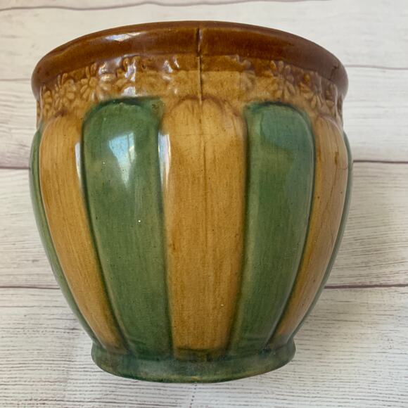 Antique Brown Green Striped Pottery Planter Majolica Glaze Floral Medallions - Picture 12 of 16